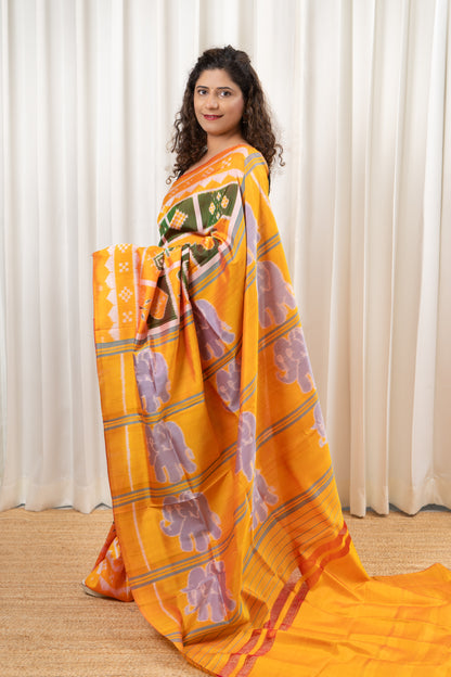 Exclusive Odisha Ikkat Nabakothi Pure Silk Saree- Yellow & Green