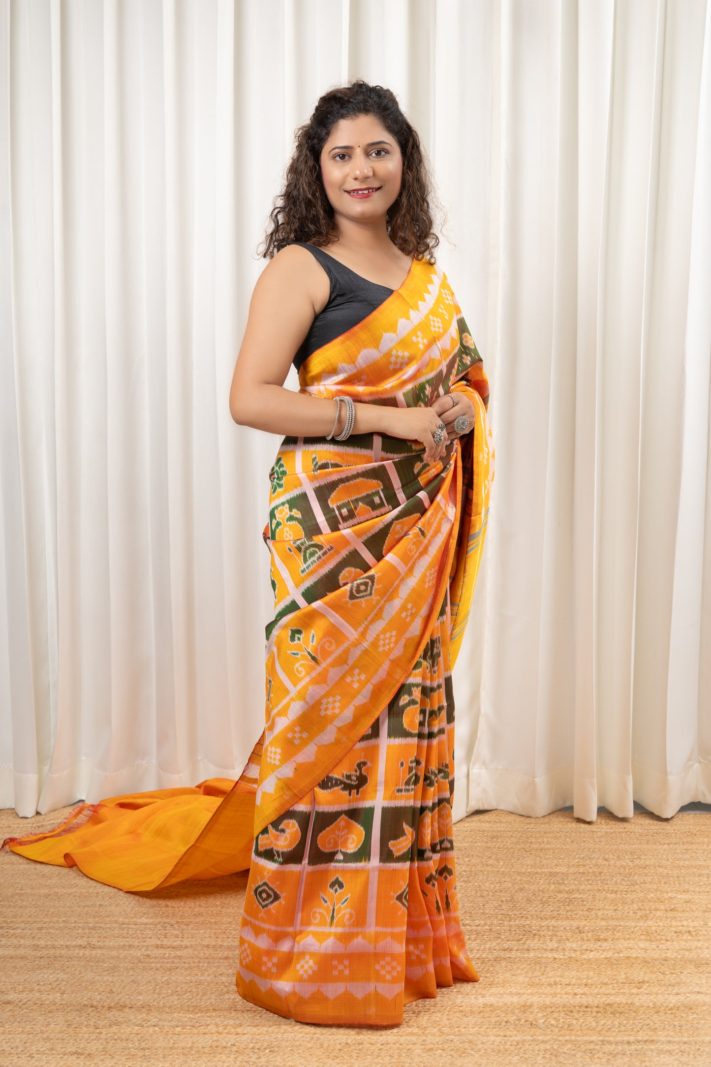 Exclusive Odisha Ikkat Nabakothi Pure Silk Saree- Yellow & Green