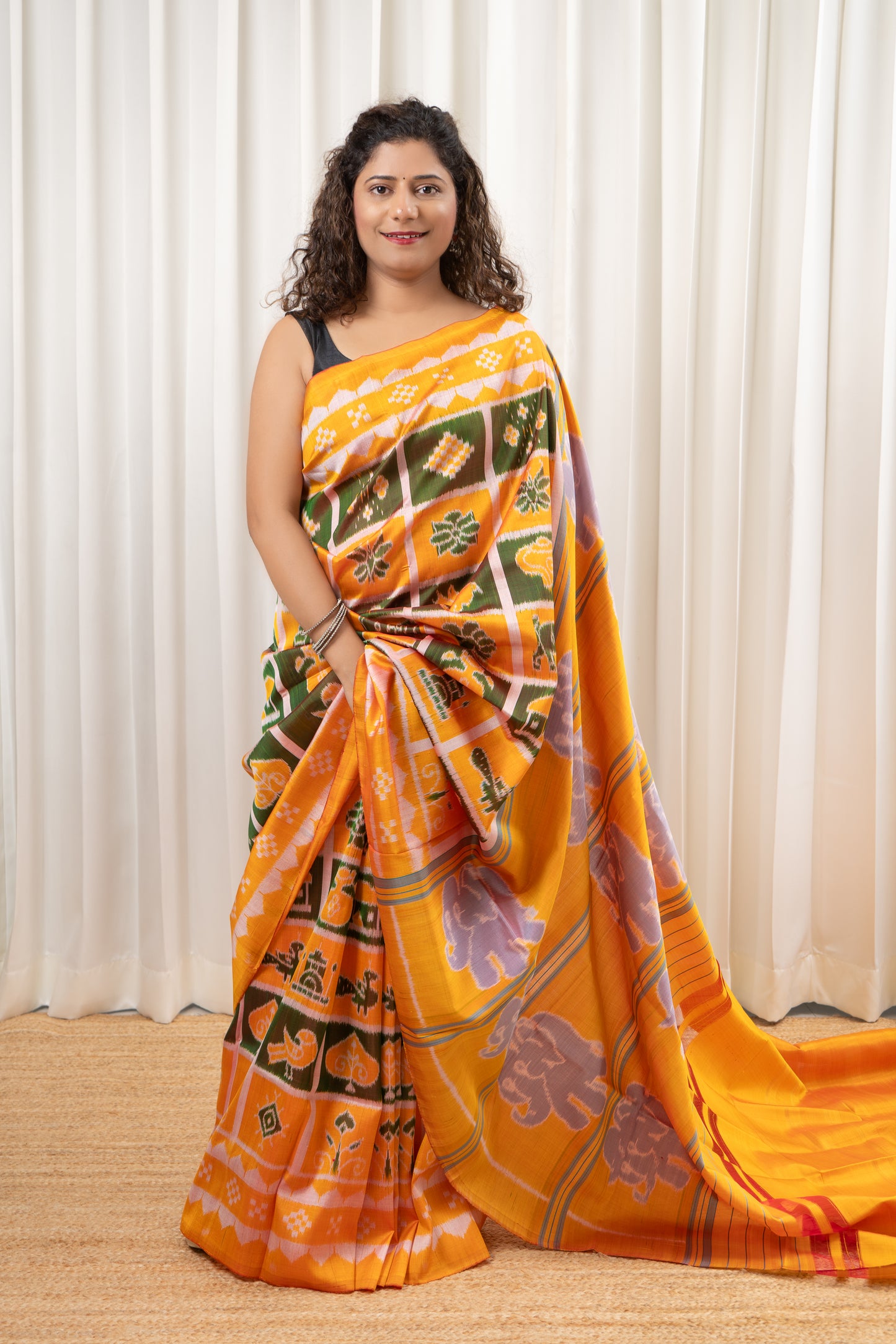 Exclusive Odisha Ikkat Nabakothi Pure Silk Saree- Yellow & Green
