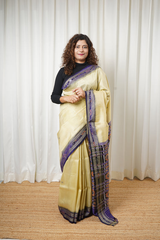 Odisha Ikkat Khandua Pure Silk Saree- Beige And Navy Blue