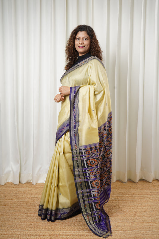 Odisha Ikkat Khandua Pure Silk Saree- Beige And Navy Blue