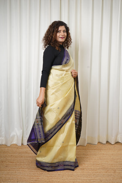 Odisha Ikkat Khandua Pure Silk Saree- Beige And Navy Blue