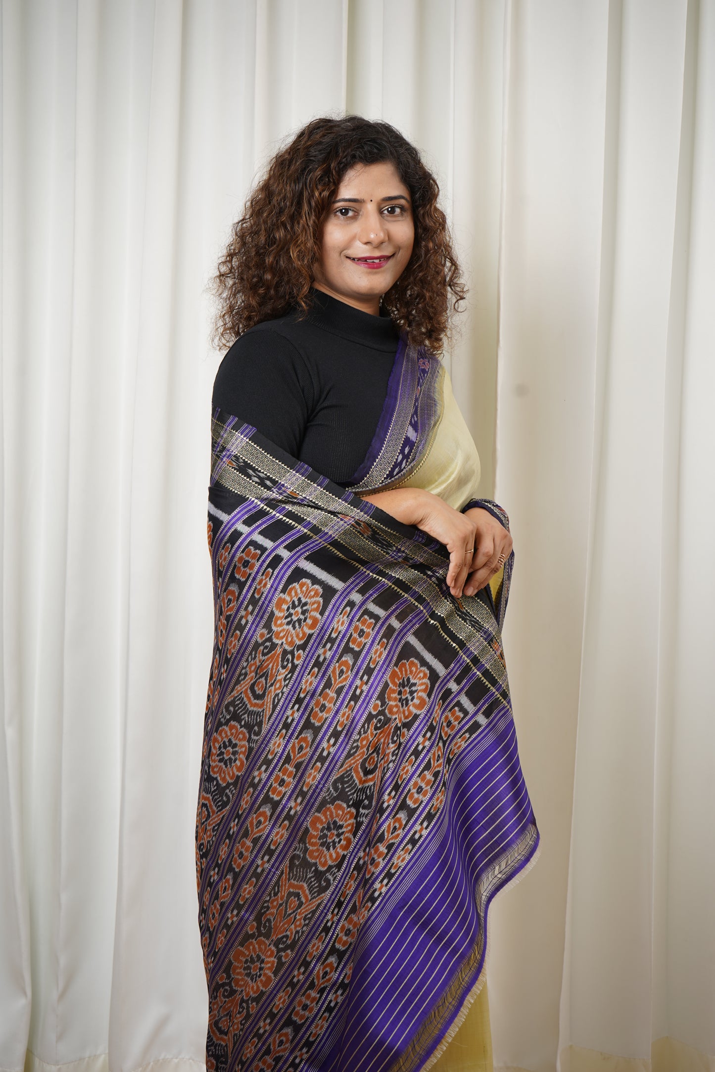 Odisha Ikkat Khandua Pure Silk Saree- Beige And Navy Blue