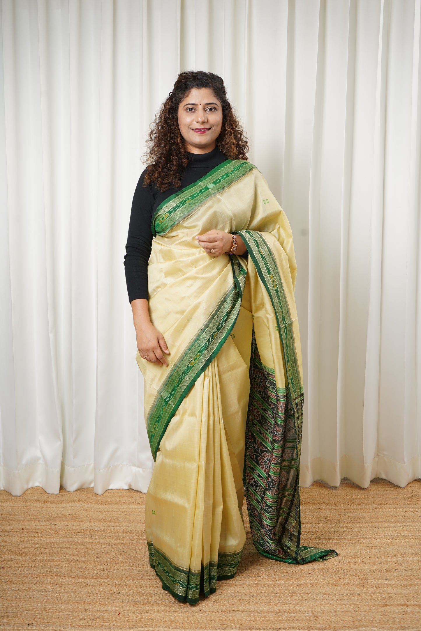 Odisha Ikkat Khandua Pure Silk Saree- Beige And Green