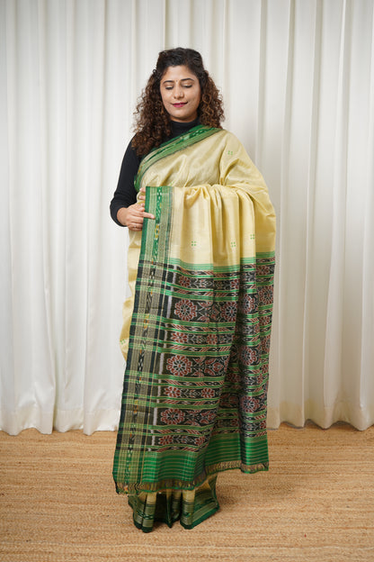 Odisha Ikkat Khandua Pure Silk Saree- Beige And Green