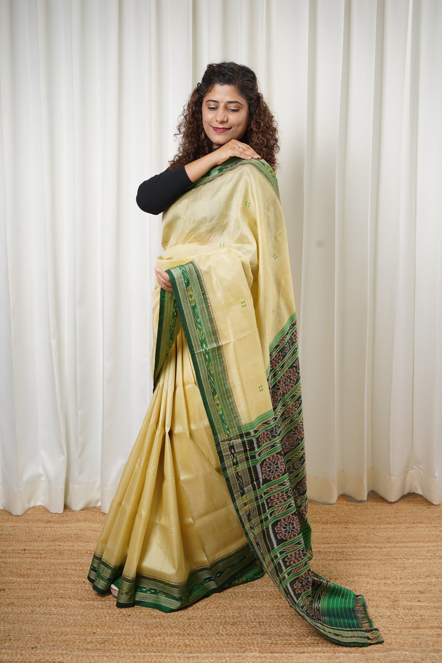 Odisha Ikkat Khandua Pure Silk Saree- Beige And Green