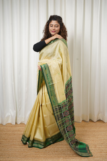 Odisha Ikkat Khandua Pure Silk Saree- Beige And Green