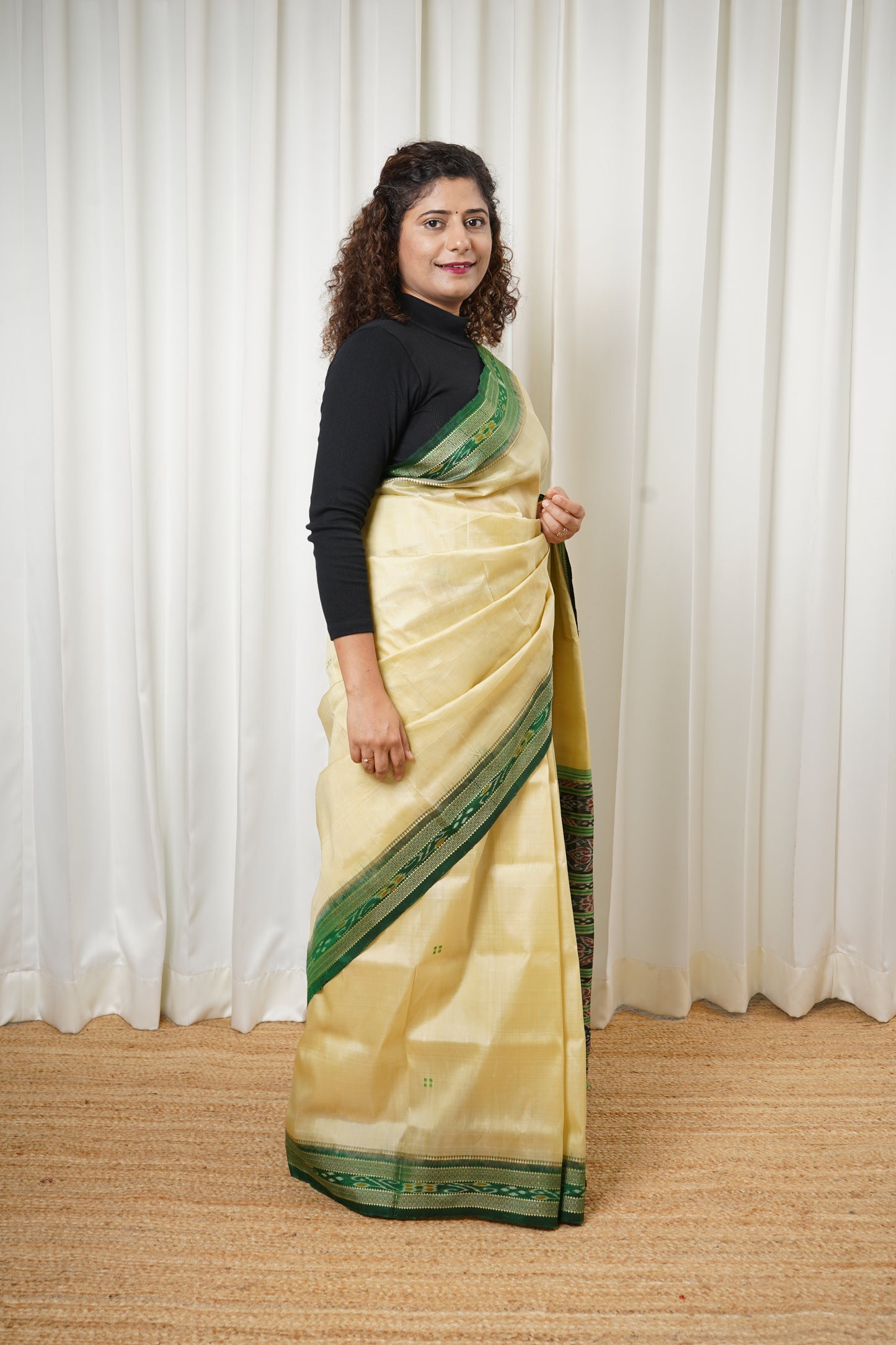 Odisha Ikkat Khandua Pure Silk Saree- Beige And Green