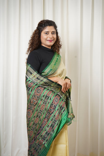 Odisha Ikkat Khandua Pure Silk Saree- Beige And Green