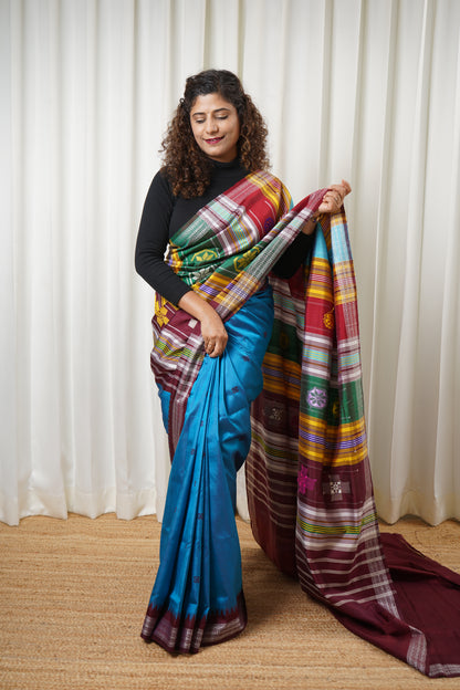 Exclusive Double Pallu Berhampuri Pure Silk Patta Saree - Blue & Deep Maroon