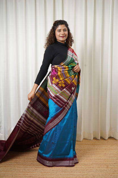 Exclusive Double Pallu Berhampuri Pure Silk Patta Saree - Blue & Deep Maroon