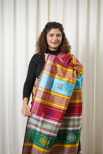 Exclusive Double Pallu Berhampuri Pure Silk Patta Saree - Blue & Deep Maroon