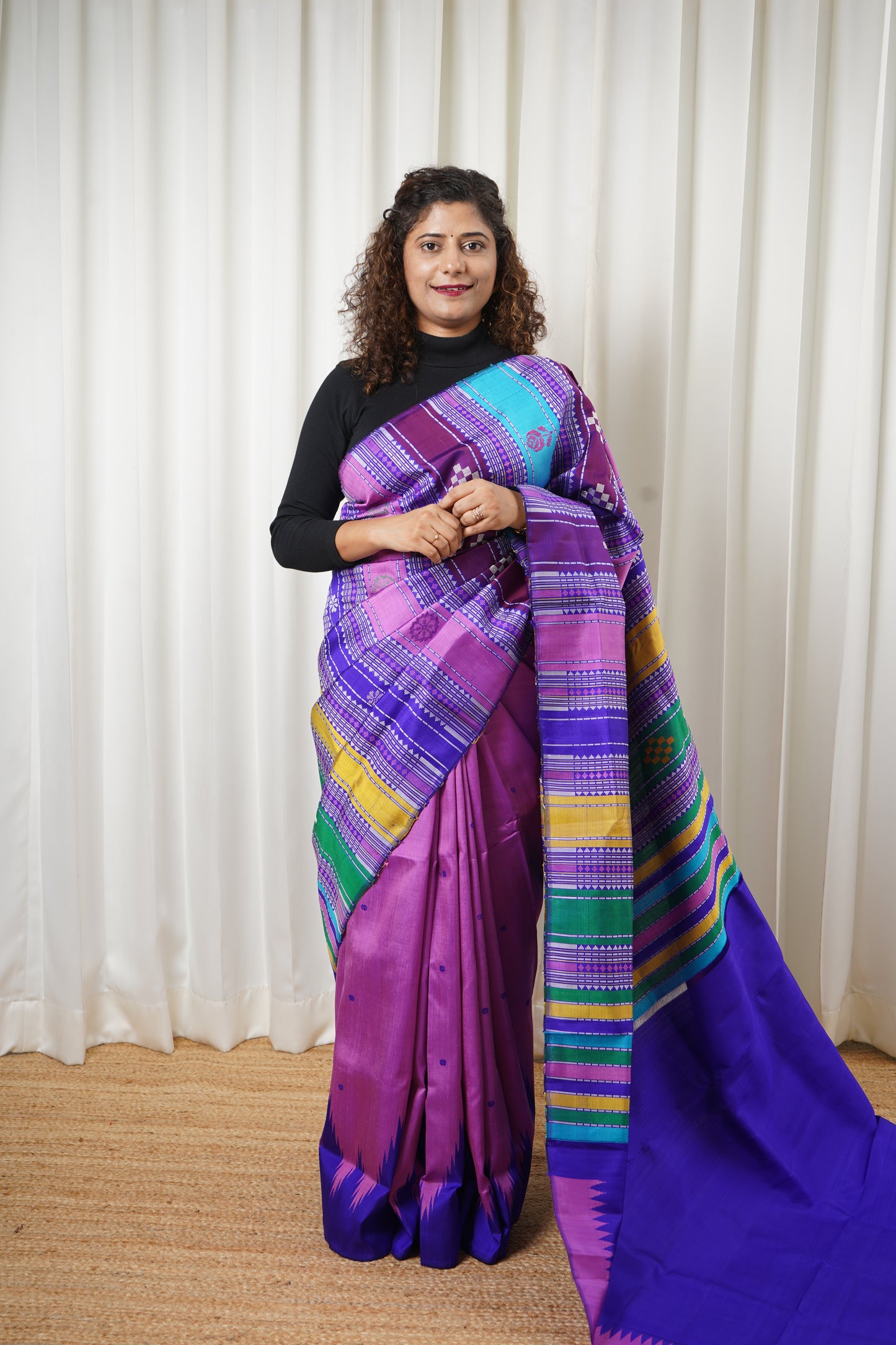 Exclusive Double Pallu Berhampuri Pure Silk Patta Saree - Pink & Purple
