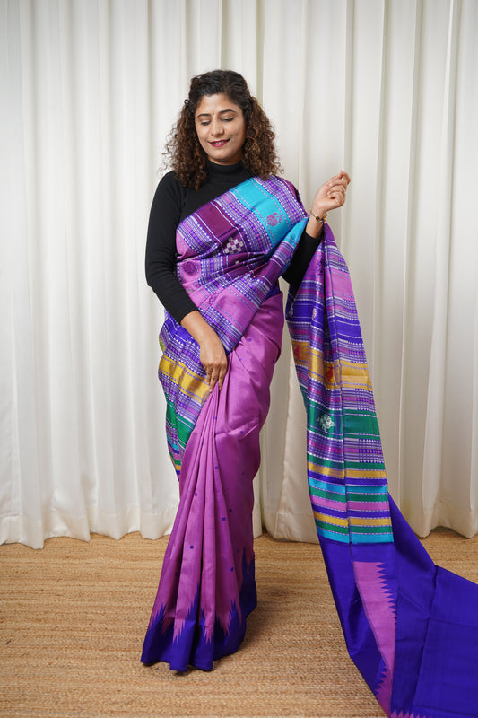 Exclusive Double Pallu Berhampuri Pure Silk Patta Saree - Pink & Purple