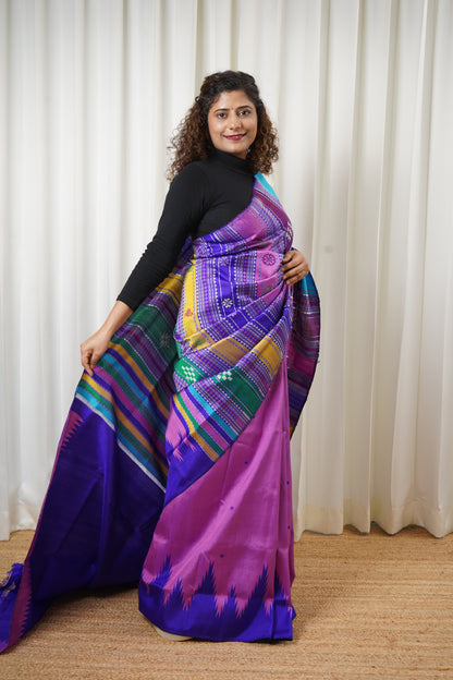 Exclusive Double Pallu Berhampuri Pure Silk Patta Saree - Pink & Purple