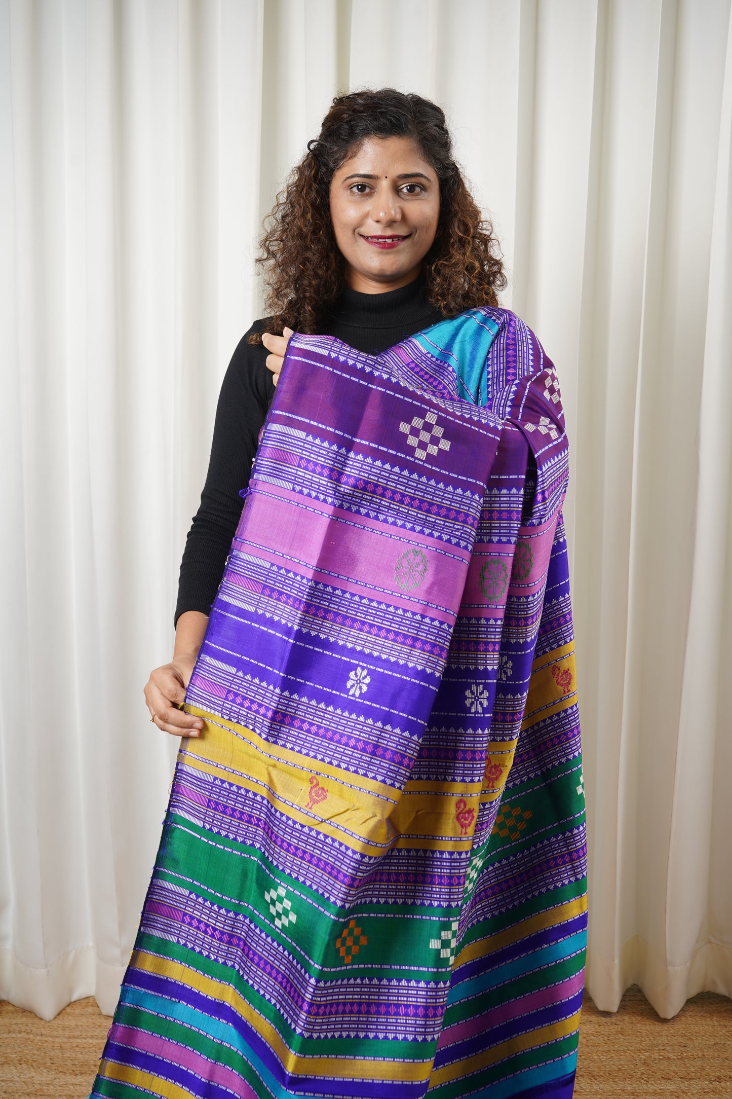 Exclusive Double Pallu Berhampuri Pure Silk Patta Saree - Pink & Purple