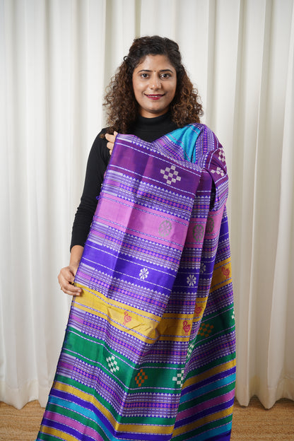 Exclusive Double Pallu Berhampuri Pure Silk Patta Saree - Pink & Purple