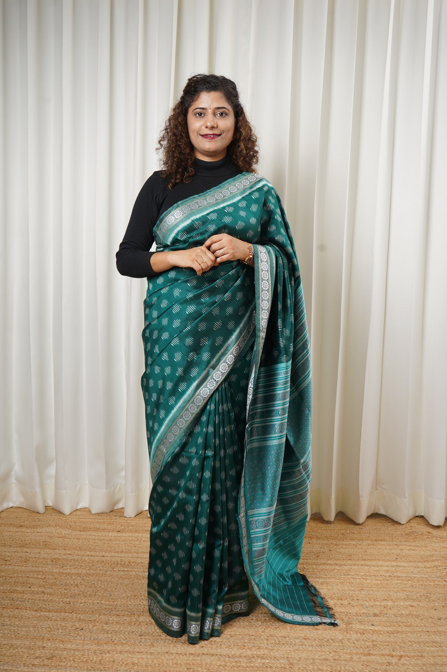 Exclusive Odisha Ikkat Jalla Work Pure Silk Saree - Rama Green