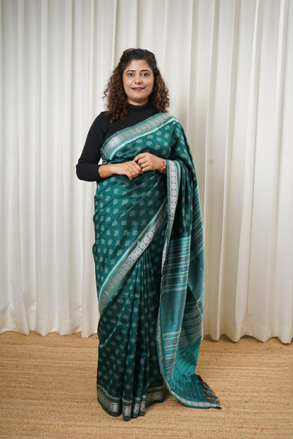 Exclusive Odisha Ikkat Jalla Work Pure Silk Saree - Rama Green