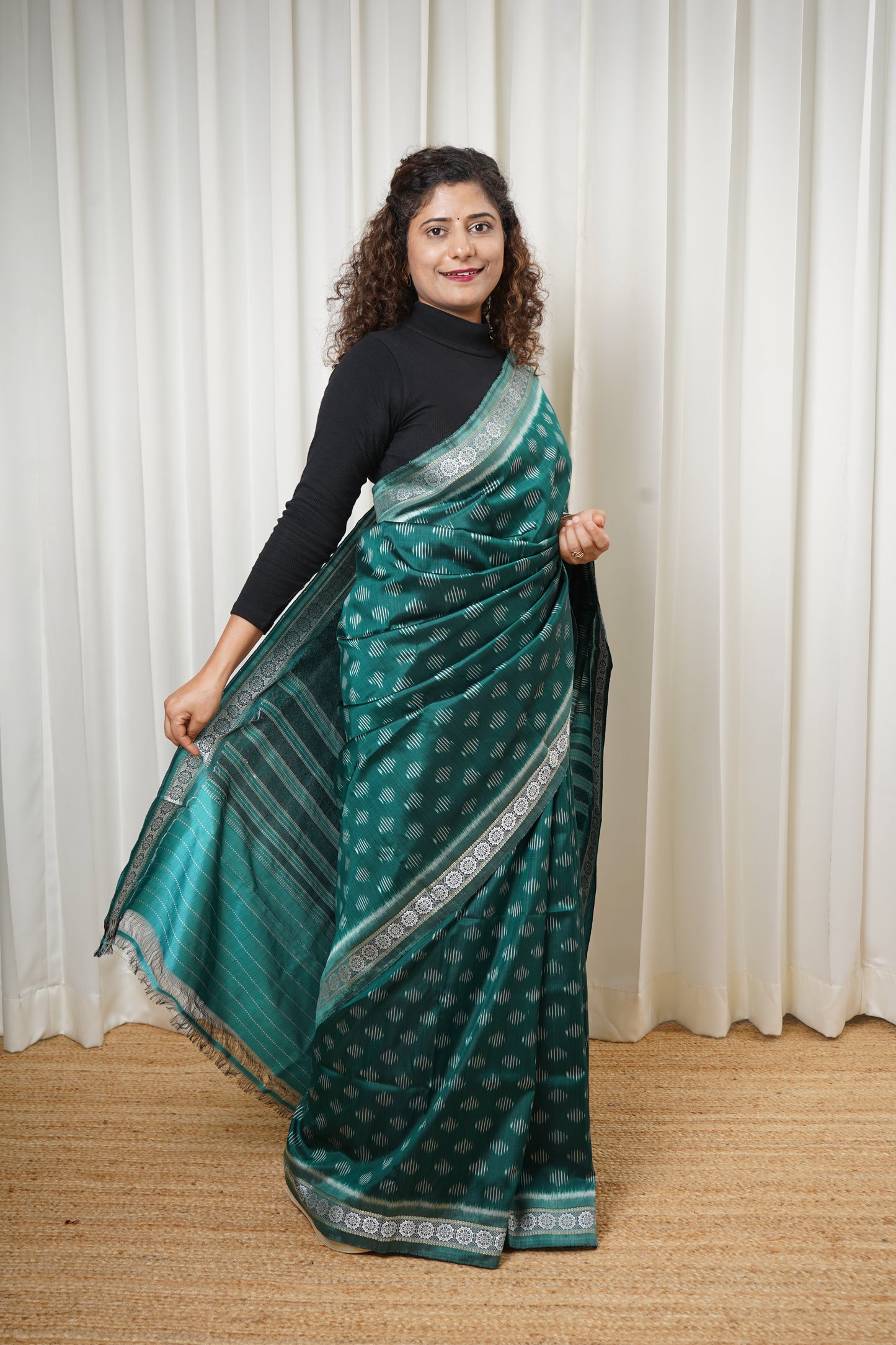 Exclusive Odisha Ikkat Jalla Work Pure Silk Saree - Rama Green