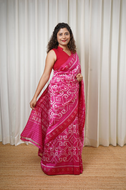 Exclusive Odisha Ikkat Khandua Pure Silk Saree- Pink