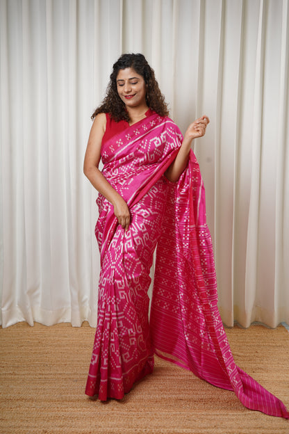 Exclusive Odisha Ikkat Khandua Pure Silk Saree- Pink