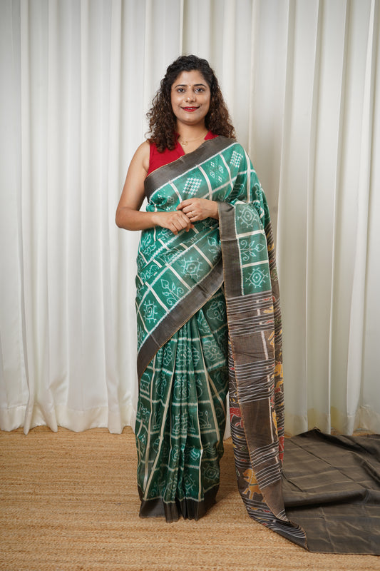 Nabakothi Khandua Ikkat Silk Saree: Dual tone english Green