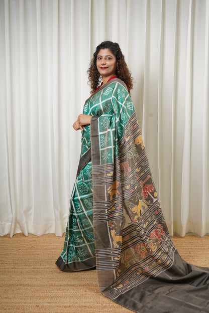 Nabakothi Khandua Ikkat Silk Saree: Dual tone english Green