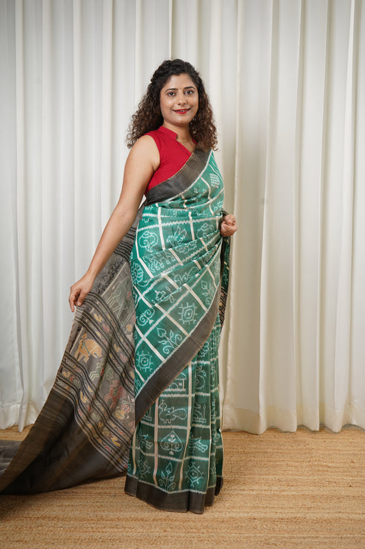 Nabakothi Khandua Ikkat Silk Saree: Dual tone english Green