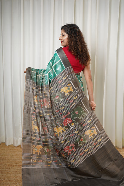 Nabakothi Khandua Ikkat Silk Saree: Dual tone english Green