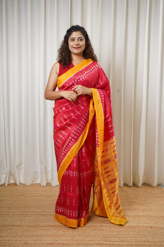Odisha Ikkat Khandua Pure Silk Saree- Dual Tone Carrot Red