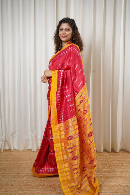 Odisha Ikkat Khandua Pure Silk Saree- Dual Tone Carrot Red