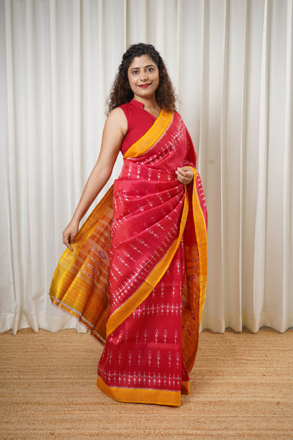 Odisha Ikkat Khandua Pure Silk Saree- Dual Tone Carrot Red