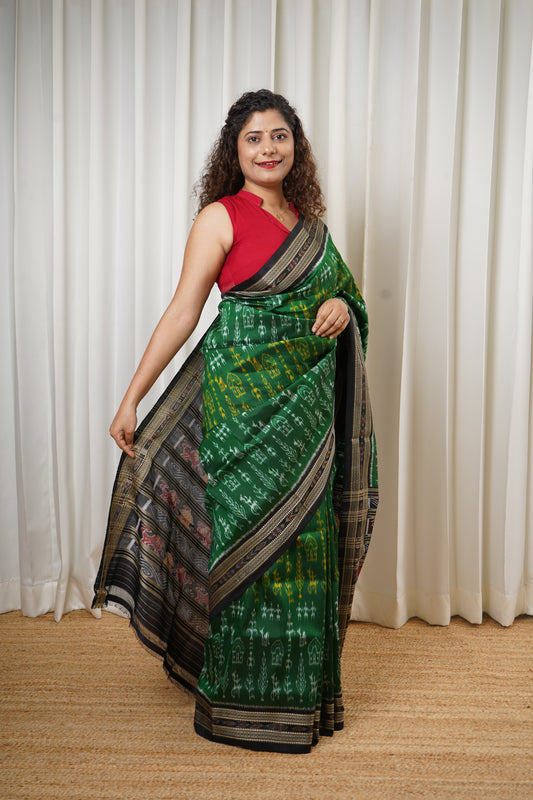 Exclusive Odisha Ikkat Pure Silk Saree-Dark Green