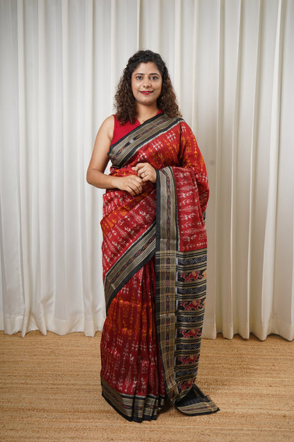 Odisha Ikkat Khandua Pure Silk Saree- Deep Red