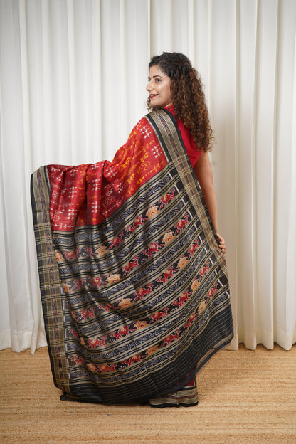 Odisha Ikkat Khandua Pure Silk Saree- Deep Red