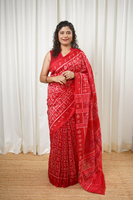 Odisha Ikkat Odia Varnamala Khandua Silk Saree - Red