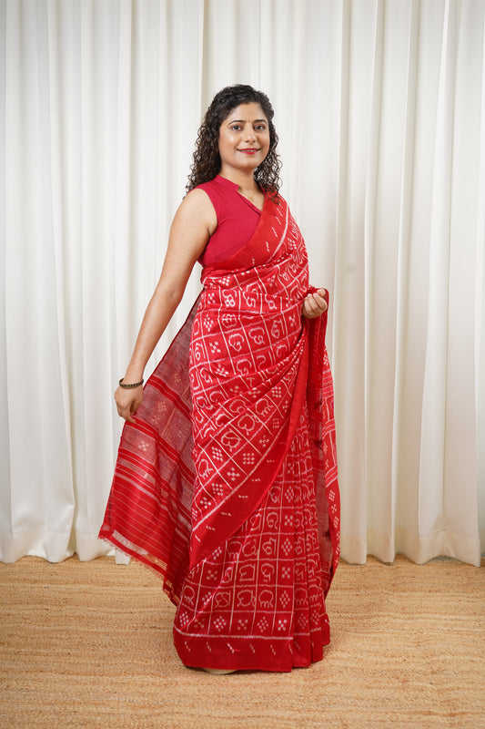 Odisha Ikkat Odia Varnamala Khandua Silk Saree - Red