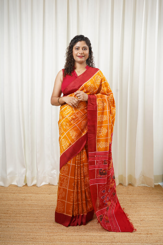Exclusive Odisha Ikkat Nabakothi Pure Silk Saree- Dual tone Yellow