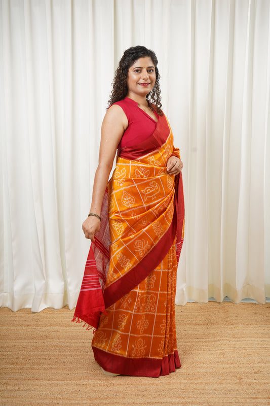 Exclusive Odisha Ikkat Nabakothi Pure Silk Saree- Dual tone Yellow