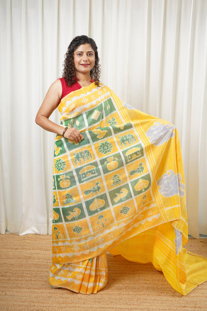 Exclusive Odisha Ikkat Nabakothi Pure Silk Saree- Pastel Yellow & Green