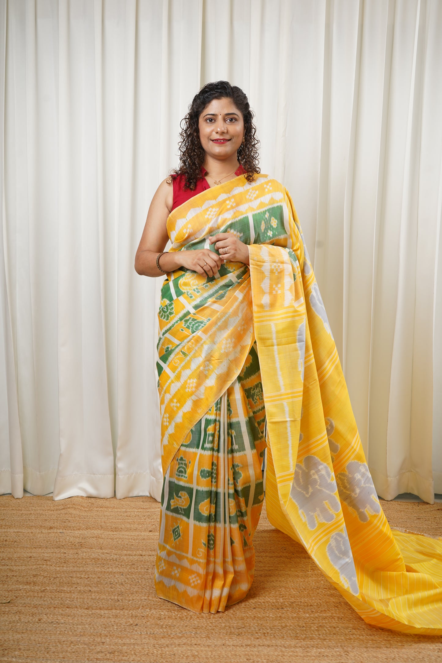 Exclusive Odisha Ikkat Nabakothi Pure Silk Saree- Pastel Yellow & Green