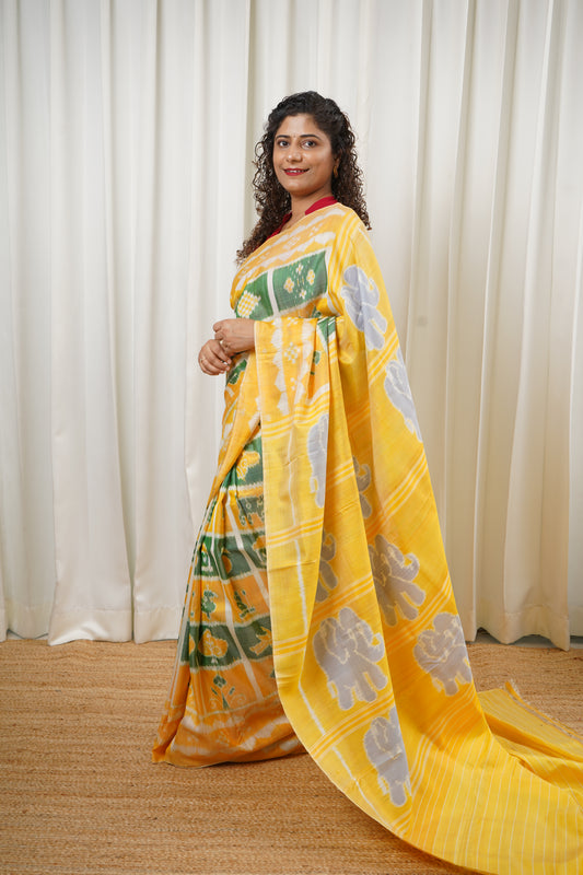 Exclusive Odisha Ikkat Nabakothi Pure Silk Saree- Pastel Yellow & Green