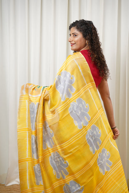 Exclusive Odisha Ikkat Nabakothi Pure Silk Saree- Pastel Yellow & Green