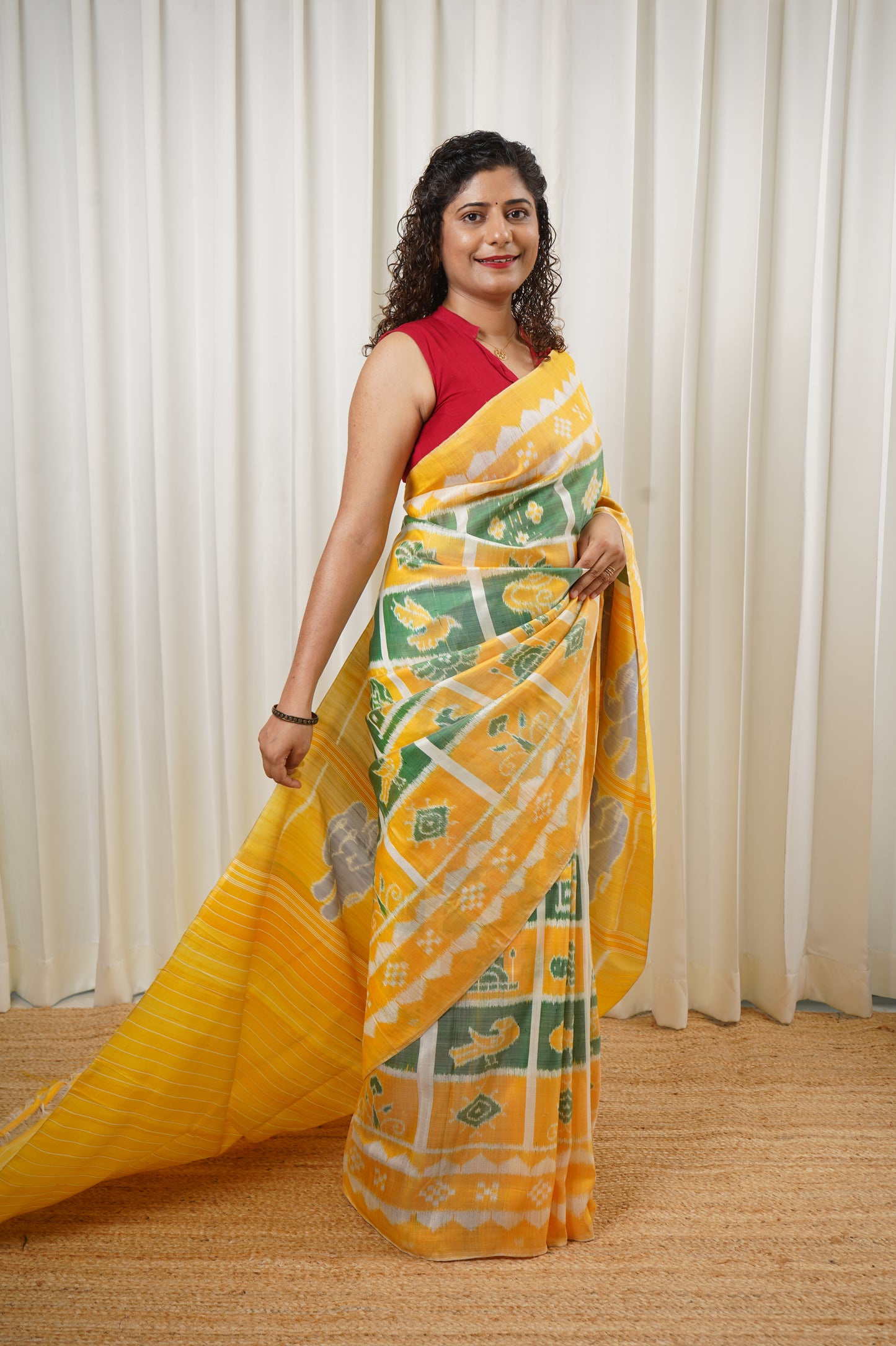Exclusive Odisha Ikkat Nabakothi Pure Silk Saree- Pastel Yellow & Green
