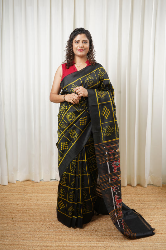 Exclusive Odisha Ikkat Nabakothi Pure Silk Saree- Black