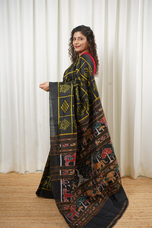 Exclusive Odisha Ikkat Nabakothi Pure Silk Saree- Black