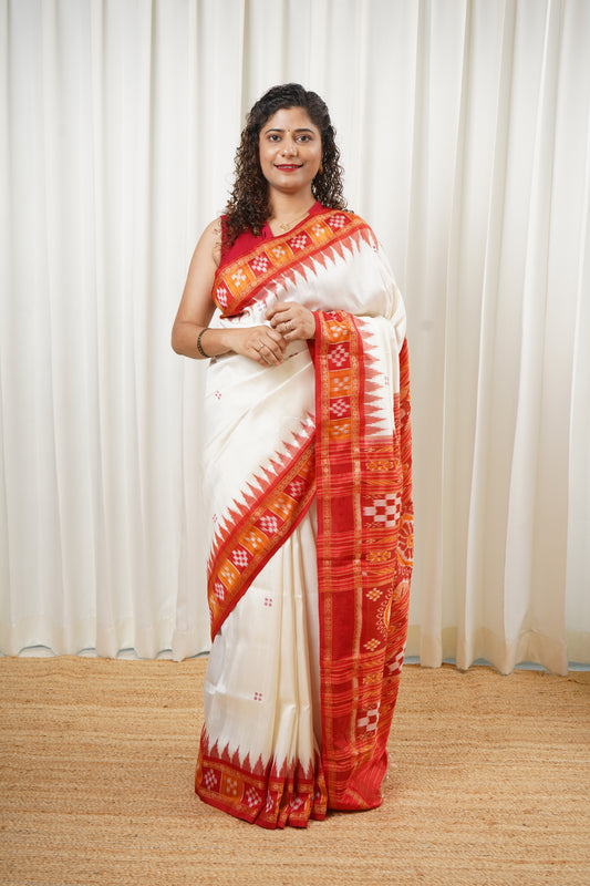 Pasapali Border Khandua Ikkat Silk Saree - Off White