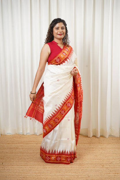 Pasapali Border Khandua Ikkat Silk Saree - Off White
