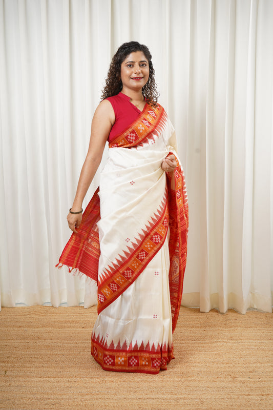 Pasapali Border Khandua Ikkat Silk Saree - Off White